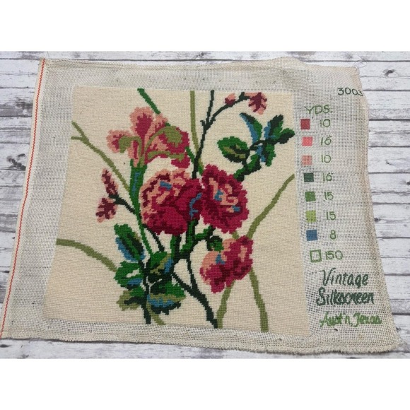Other - Original Vintage Hand Embroidery Yarn Needlepoint Pansies Flower 14x17" Unframed